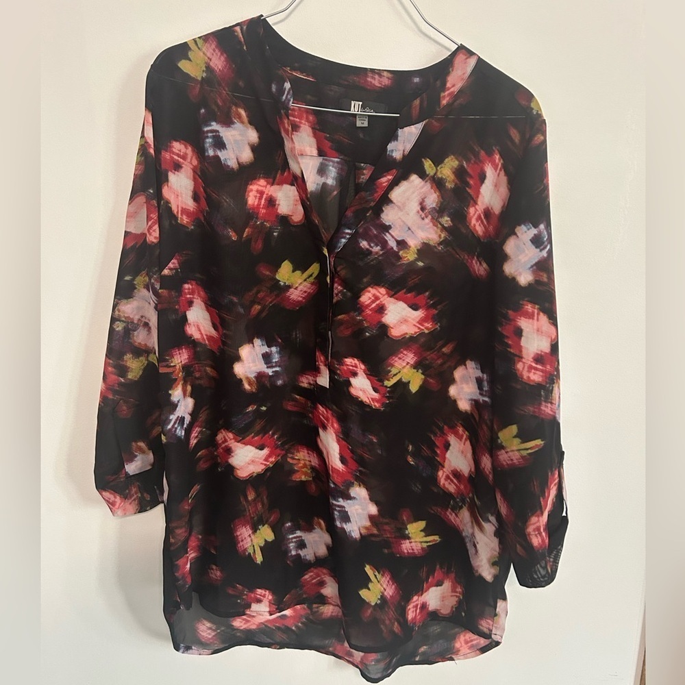 Kut from the Kloth Black and Pink Floral Blouse